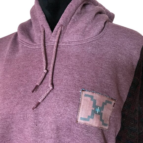 Upcycled Patchwork Hoodie, Sweater Sleeves, XL: Mauve Sweatshirt Jacket, Tribal - Picture 11 of 12